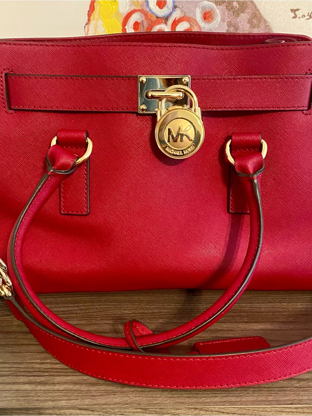 Michael Kors Red Saffiano Satchel with Gold Hardware